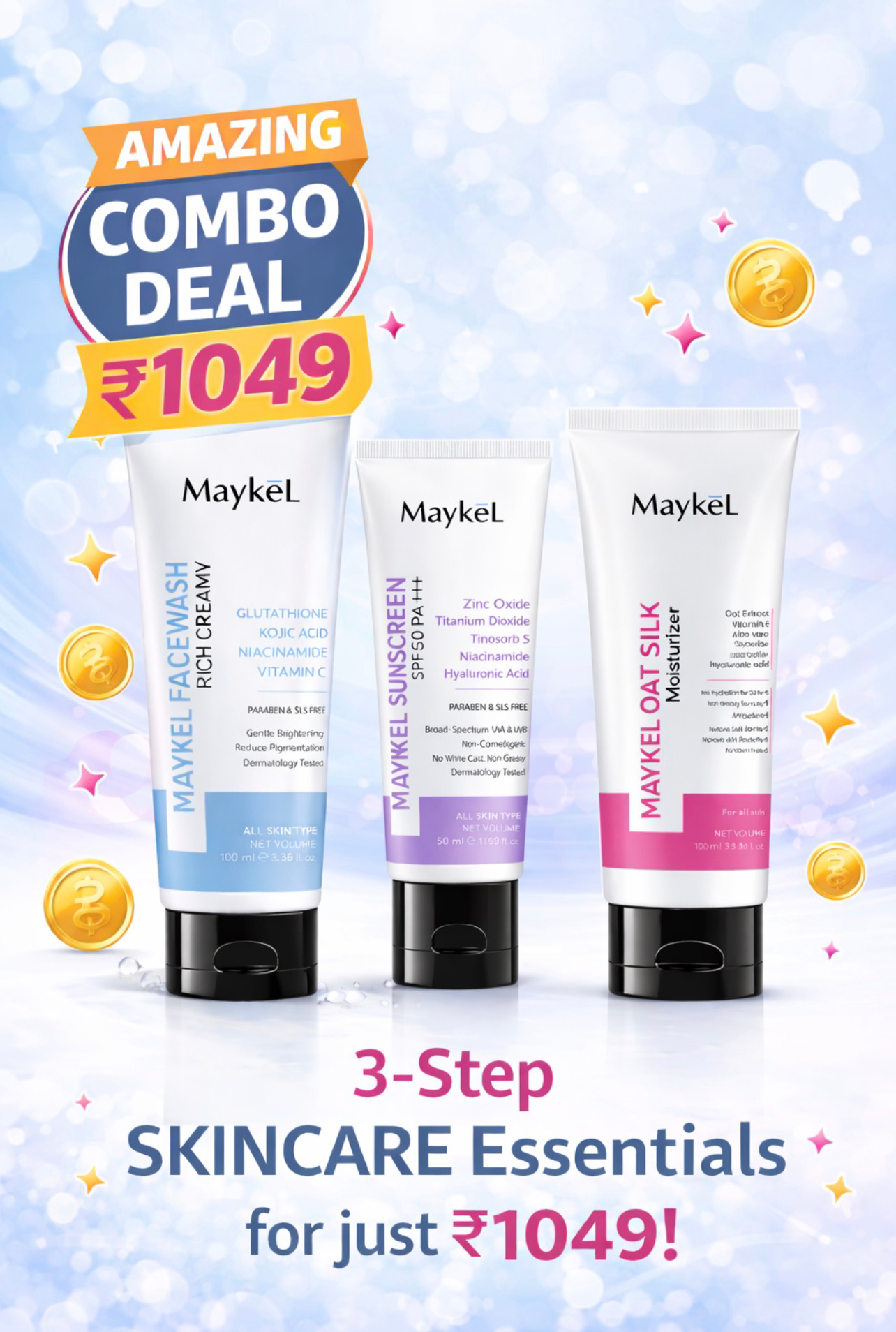 Maykel Complete Skincare Combo: Maykel sunscreen + Oat Silk Moisturizer (100 GM) + Face Wash rich creamy(100 ML)